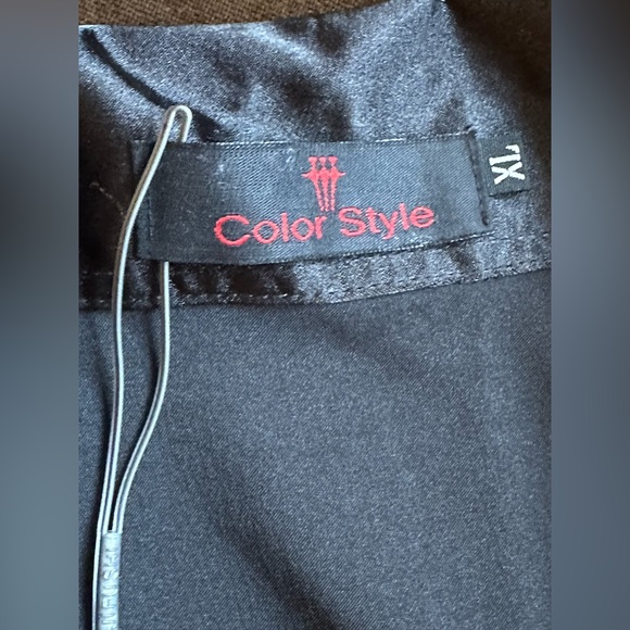 Color Style Black Satin short Striped Sleeves Metal Buttons V Neck Ruffles SZ XL - Picture 14 of 14